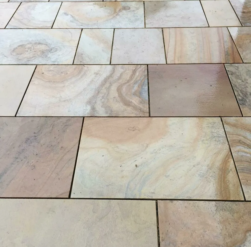 Gardha Buff sandstone gangsaw slabs before cutting, showing the bedding