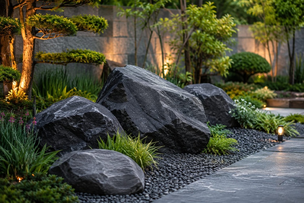 Large black stone boulders for garden landscaping, Malujiwala Stone
