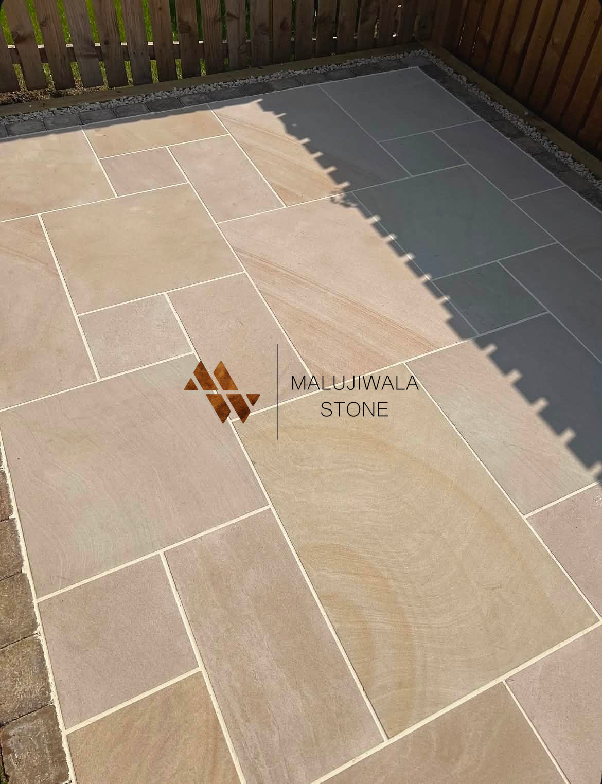 Buff sawn honed dry patio pack, corner of the laid area