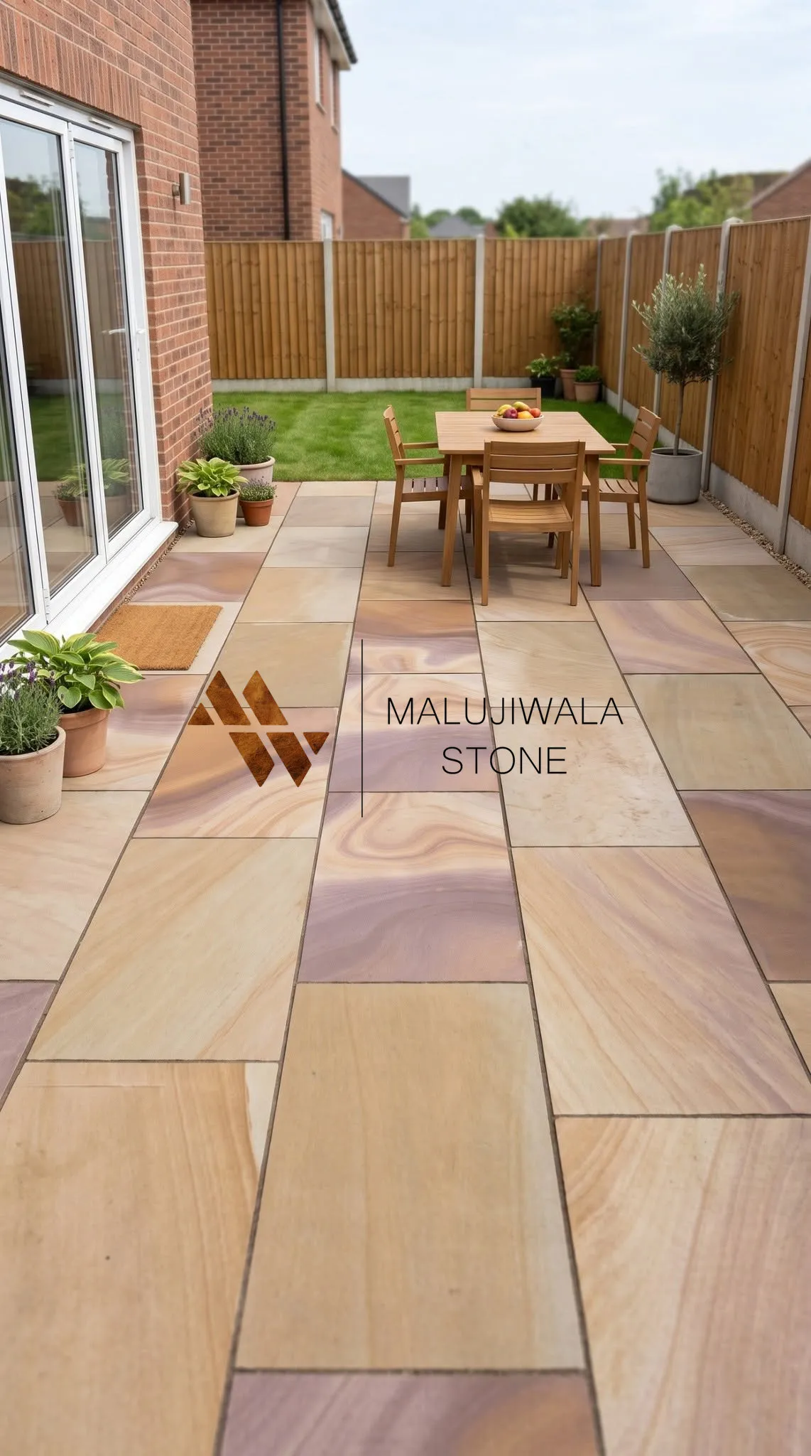 600 x 900 smooth Rippon buff Indian sandstone paving, full patio view