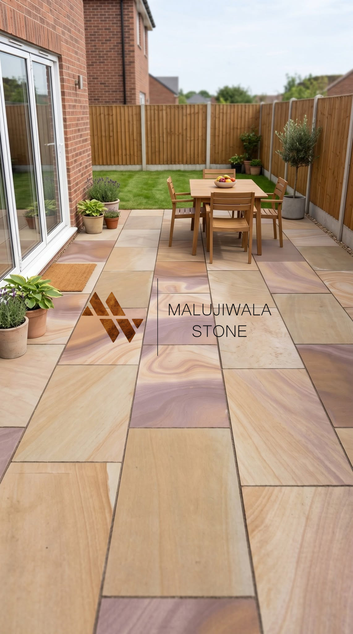 600 x 900 smooth Rippon buff Indian sandstone paving, full patio view