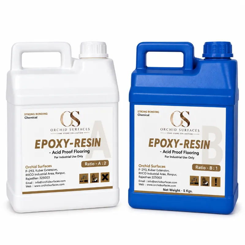 Orchid Surfaces acid proof epoxy grout — two-part resin and hardener packs for Mandana stone industrial flooring