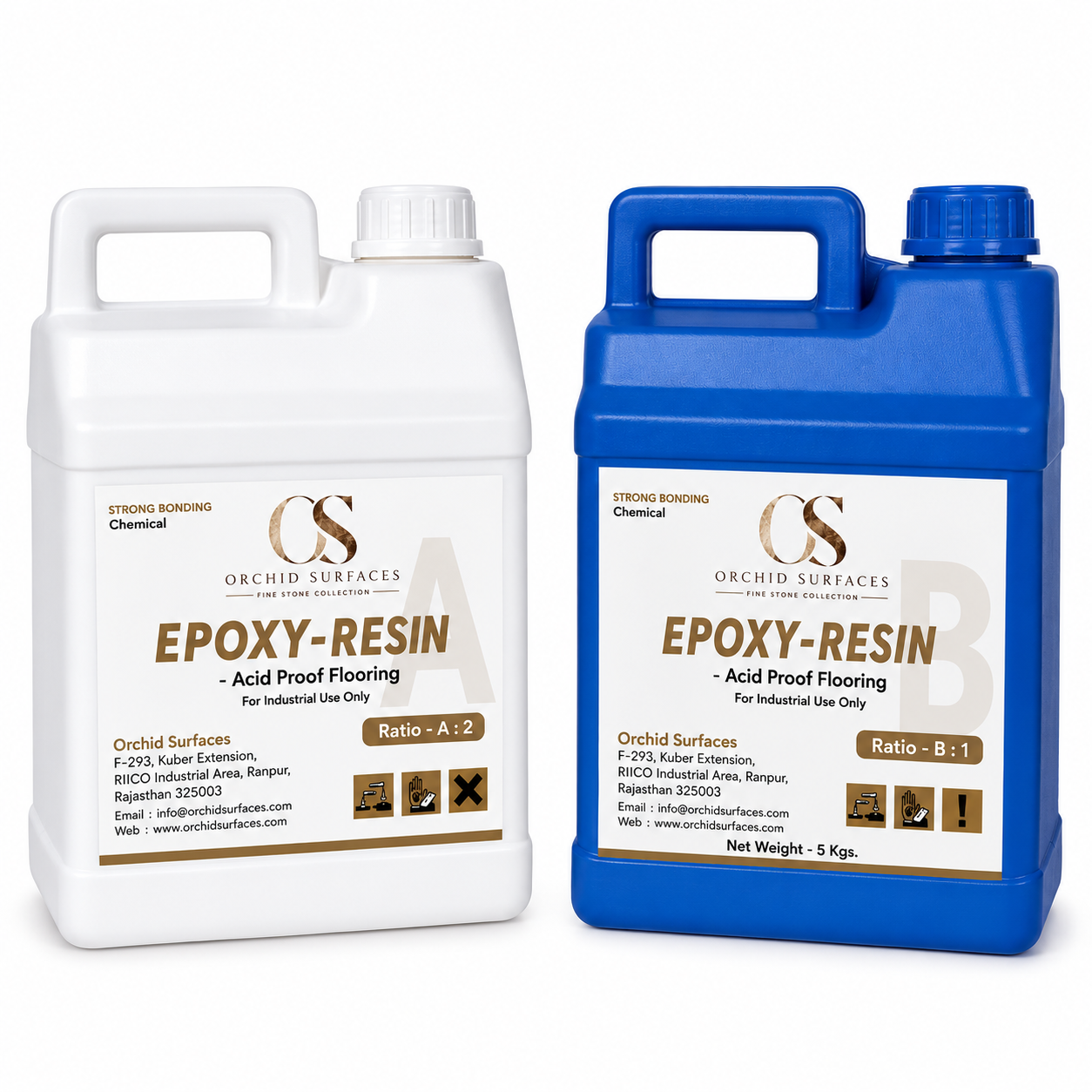 Orchid Surfaces acid proof epoxy grout — two-part resin and hardener packs for Mandana stone industrial flooring
